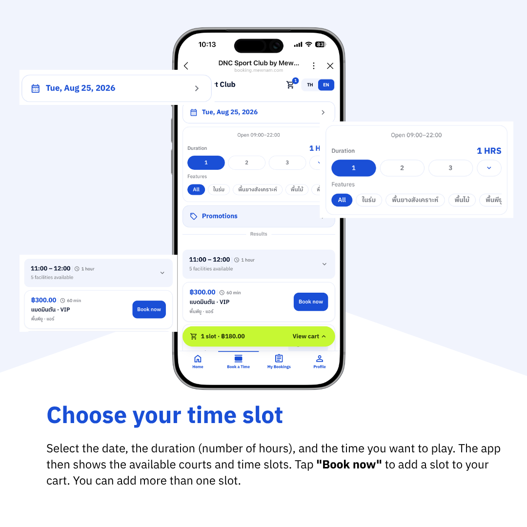 Choose the date, duration, and time slot, then tap Book now