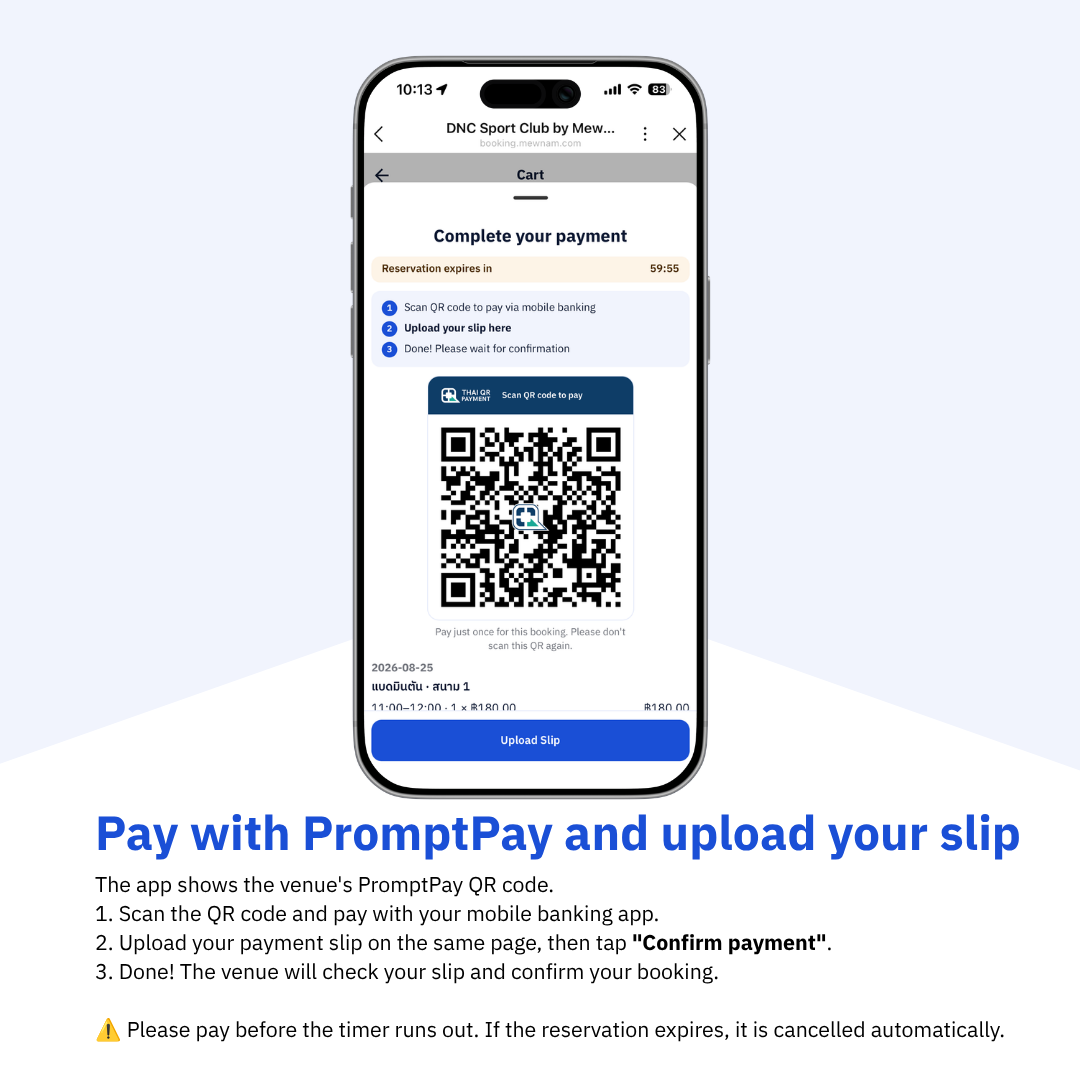 Scan the PromptPay QR to pay, then upload your slip on the same page